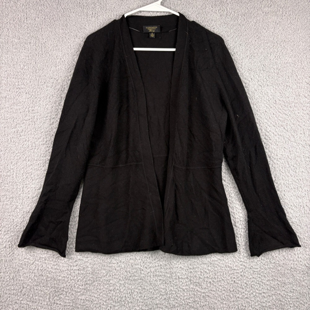 Charter Club Cardigan Womens Medium Black Cashmere Open Front Bell Sleeve Peplum